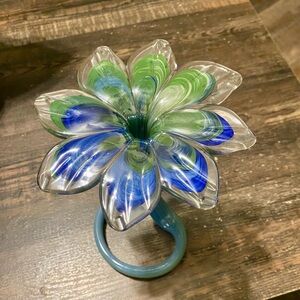 LONG SINGLE STEM HANDBLOWN GLASS BUD VASE BLUE, & GREEN WHITE SWIRL PATTERN